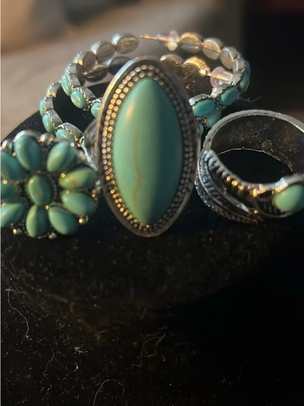 Turquoise Stone Silver-Tone Rings Earrings and Necklace Set - Women Jewelry